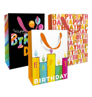 Geschenktasche 1583-25350/PBS, Geburtstag, mit Trageband, 3 Motive sortiert, 26cm x 36cm
