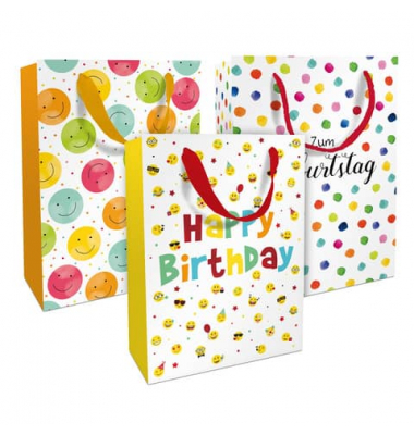 Geschenktasche 1583-25351/PBS, Geburtstag, mit Trageband / Kordel, 3 Motive sortiert, 18cm x 21cm