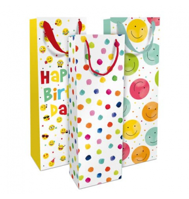 Geschenktasche 1584-25351/PBS, Geburstag/allgemein, Schleifenband/Kordel, 3 Motive sortiert, 120mm x 360mm