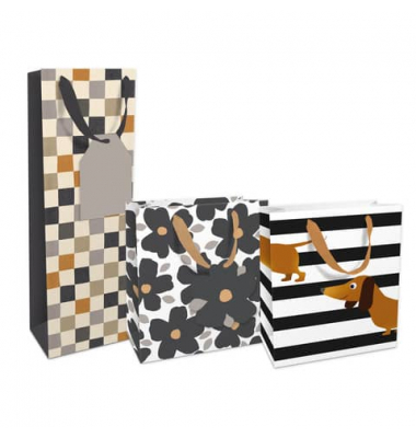 Geschenktasche 1500-25358/pBS, allgemein, Schleifenband mit Anhänger, 3 Motive sortiert, kariert,Blüten,Gestreift mit Hund