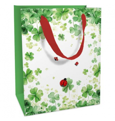 Geschenktasche 1581-25015, allgemein, Schleifenband, Glücksklee/Marienkäfer, 150mm x 12cm