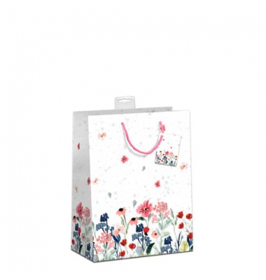 Geschenktasche 7549-0034-M, allgemein, Dispersionslack & Folienkaschierung, Kordel mit Anhänger, zarte Blümchen, 180mm x 230mm