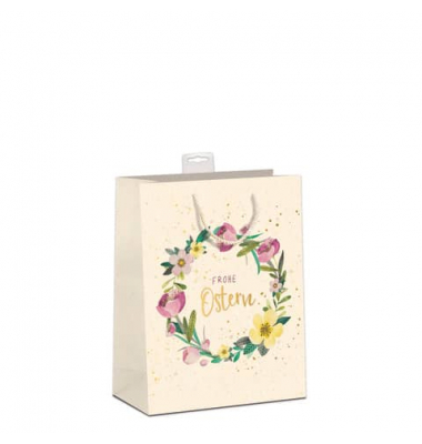 Geschenktasche 7513-2401-M, Ostern, mit Goldfolie veredelt,  Baumwollkordel & Eurolochvorrichtung, Blumenkranz, 180mm x 230mm