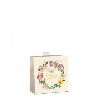 Geschenktasche 7513-2401-S, Ostern, mit Goldfolie veredelt,Baumwollkordel & Eurolochvorrichtung, Blumenkranz, 150mm x 150mm