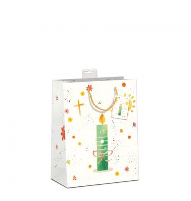 Geschenktasche 7549-2403-M, Kommunion, mit Tragekordel / Geschenkanh&auml;nger, Kerze / Blumen, 18cm x 23cm
