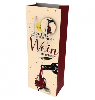 Geschenktasche 462002, allgemein, Kordel mit Anhänger, Weinflasche und -glas +Spruch, 125mm x 330mm