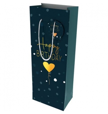 Geschenktasche 462003, Geburtstag, Kordel mit Anhänger, Happy Birthday, Herz und Punkte, 125mm x 330mm