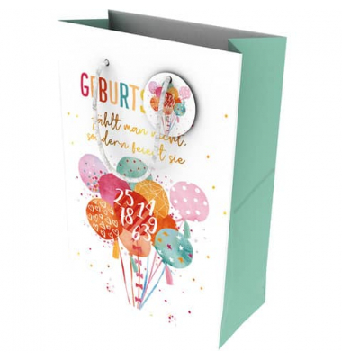 Geschenktasche 464003, Geburtstag, Kordel mit Anhänger, Geburtstag zählt man nicht +Luftballons, 260mm x 360mm