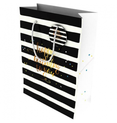 Geschenktasche 464004, Geburtstag, Kordel mit Anhänger, happy birthday to you, gestreift, 260mm x 360mm