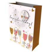 Geschenktasche 464005, Geburtstag, Dispersionslack & Folienkaschierung, Kordel mit Anhänger, Happy Birthday+Gläser, 260mm x 360mm