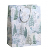 Geschenktasche 70110 22407 SNOW WALK Maxi, Weihnachten, weiße Kordel, Glitter, Winterwald, 26cm x 33,5cm