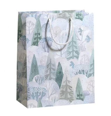 Geschenktasche 70110 22407 SNOW WALK Maxi, Weihnachten, weiße Kordel, Glitter, Winterwald, 26cm x 33,5cm