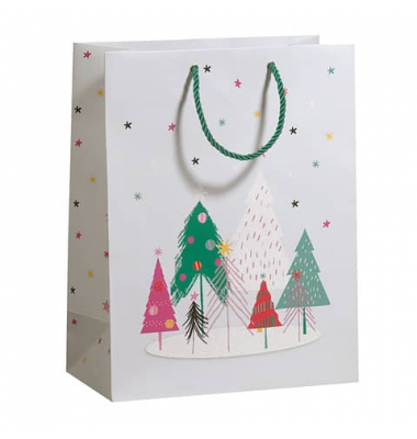 Geschenktasche 70110 22408 Festive Fun maxi, Weihnachten, grüne Kordel, Glitter, Weihnachtsbäume, 26cm x 33,5cm