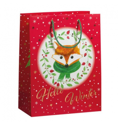 Geschenktasche 70110 22409 Winter Fox, Weihnachten, mit Heißfolienprägung und grüner Kordel, Fuchs, 26cm x 33,5cm