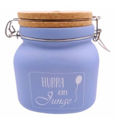 Spardose Einweckglas (klein) 8924 , "Luftballon/Schriftzug Hurra ein Junge"