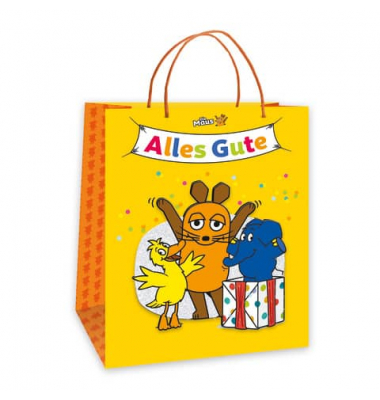 Geschenktasche 80563N, Kindergeburtstag, 3D-Effekt,Glitzer,Papierkordel, Maus/Elefant, 26cm x 32cm