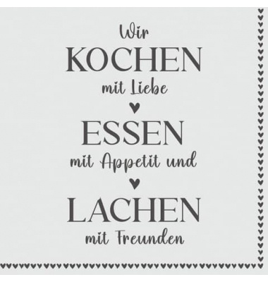 Motivservietten 209233, schwarz/wei&szlig; / Spruch, Kochen, Essen, Lachen, 3-lagig, 33x33cm