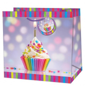 Geschenktasche 22419 TQ, Kordel mit Anhänger, Cupcake mit Kerze, 145mm x 150mm