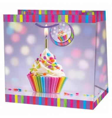 Geschenktasche 22419 TQ, Kordel mit Anhänger, Cupcake mit Kerze, 145mm x 150mm