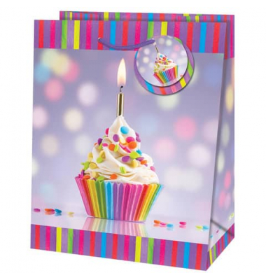 Geschenktasche 22419 TM, Kordel mit Anhänger, Cupcake mit Kerze, 19cm x 23cm