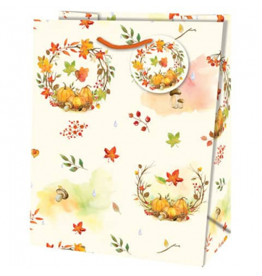Geschenktasche 22435 TL, neutral, Kordel mit Anhänger, Kürbisse+Blätter, 267mm x 330mm
