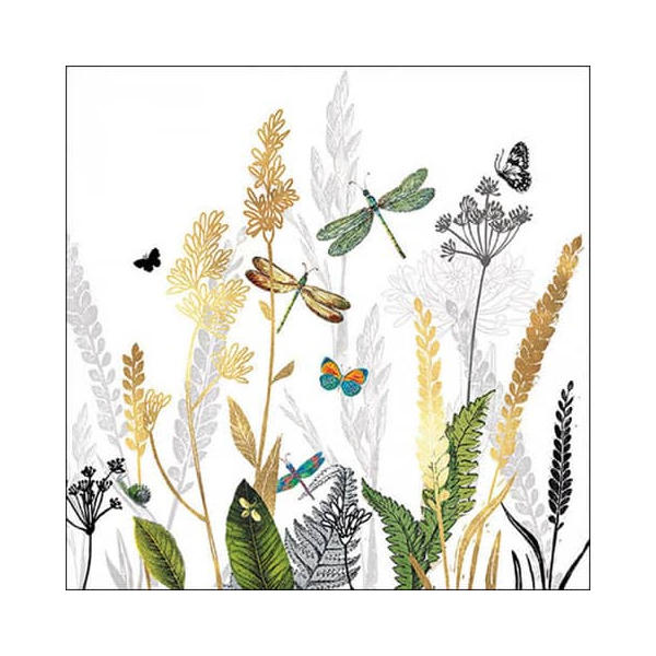 20 Servietten Naturbelassene Wiese mit Libellen weiß | Gräser | Blumen | Wiese | Sommer | Tischdeko | Decoupage | Serviettentechnik 33x33cm