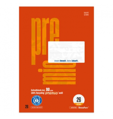 Schulblock 040751026 Premio, Lineatur 26 / kariert mit weißem Rand, A4, 90g, 50 Blatt