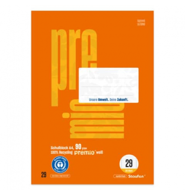 Schulblock 040751029 Premio, Lineatur 29 / rautiert mit Rand innen/außen, A4, 90g, 50 Blatt