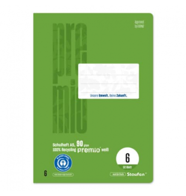 Schulheft 040781006 PREMIO, Lineatur 6 / blanko / keine, A5, 90g, gr&uuml;n, 32 Blatt / 64 Seiten