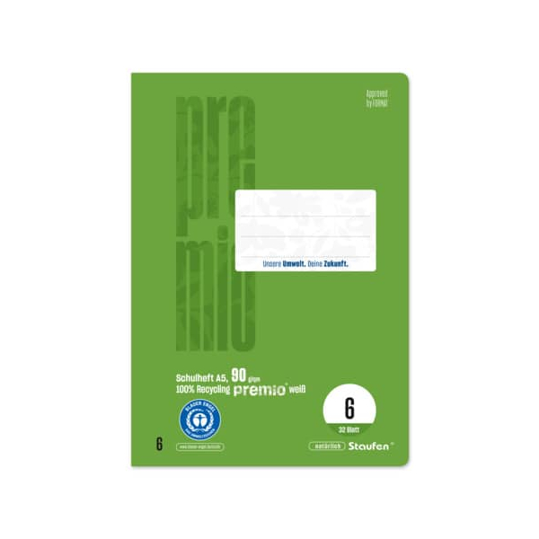 10 Stück Staufen Schulheft 040781006 PREMIO, Lineatur 6 / blanko / keine, A5, 90g, grün, 32 Blatt / 64 Seiten 9001939837478 Staufen