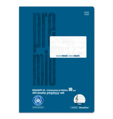 Notenheft 040790015 PREMIO, Lineatur 12 / Notensystem mit Hilfslinien / keine, A4 quer, 90g, blau, 8 Blatt / 16 Seiten