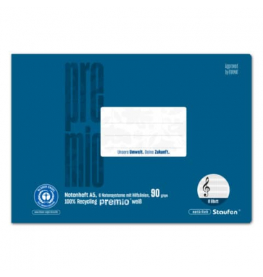 Notenheft 040791015 PREMIO, Lineatur 14 / Notensystem mit Hilfslinien, A5 quer, 90g, blau, 8 Blatt / 16 Seiten