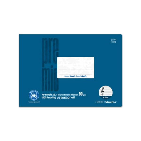 10 Stück Staufen Notenheft 040791015 PREMIO / Notensystem mit Hilfslinien / keine, A5 quer, 90g, blau, 8 Blatt / 16 Seiten 9001939837638 Staufen