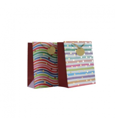 Geschenktasche 55020, allgemein, mit Goldfolie veredelt,Schleifenband mit Anhänger, gestreift mit Punkten, 260mm x 320mm