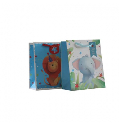Geschenktasche 55021, Kinder, Schleifenband mit Anhänger, Löwe und Elefant sortiert, 180mm x 230mm