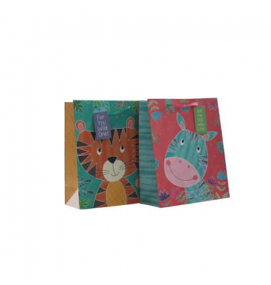 Geschenktasche 55022, Kinder, Schleifenband mit Anhänger, Zebra und Löwe sortiert, 260mm x 320mm