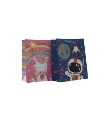 Geschenktasche 55023, Kinder, Schleifenband mit Anhänger, Astronaut und Einhorn sortiert, 260mm x 320mm