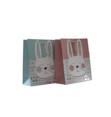 Geschenktasche 55025, Baby, mit Silberfolie veredelt,Schleifenband mit Anhänger, Hase, 260mm x 320mm