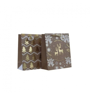 Geschenktasche 55026, Weihnachten, mit Goldfolie veredelt, Schleifenband mit Anhänger, 2 Motivesortiert, Bäume und Rentiere, 260