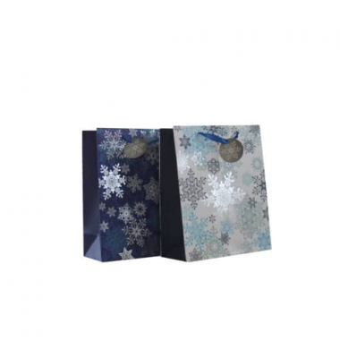Geschenktasche 55028, Weihnachten, mit Silberfolie veredelt, Schleifenband mit Anhänger, Flocken, 260mm x 320mm