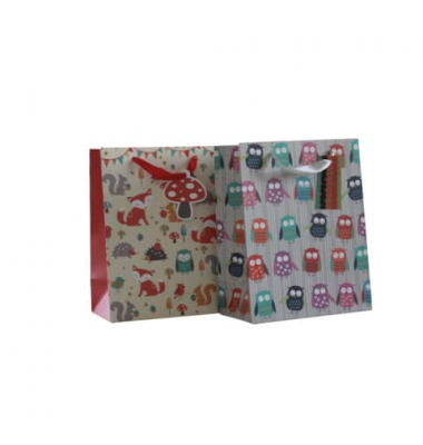 Geschenktasche 55037, allgemein, mit Trageband / Geschenkanh&auml;nger, 2 Motive sortiert, Eulen und Waldtiere, 18cm x 23cm