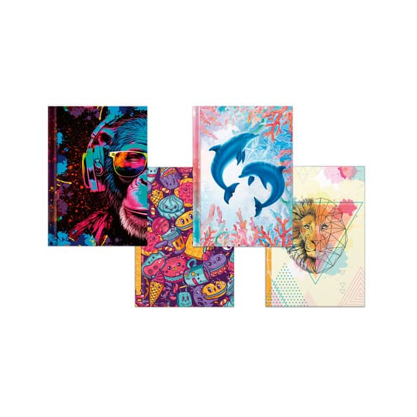 4 Stück RNK Notizbuch 46826, Happy Faces, farbig sortiert, A4, blanko, 70g, 96 Blatt / 192 Seiten  RNK
