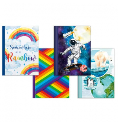 Notizbuch 46827, 1x „Planet“ Art.Nr. 46787, 1x „Skatonaut“ Art.Nr. 46786, 1x „Buntes Leben“ Art.-Nr. Nr. 46806, 1x „Over the Rai
