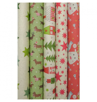Geschenkpapier 1430-24360/PBS, sortiert (5 Motive), Weihnachten, 70cm x 1,5m, farbig sortiert