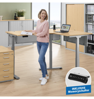 Schreibtisch FLEX MODUL, elektrisch h&ouml;henverstellbar, 60,5-125,5cm (H), 180/140x80cm (BxT), L-Form, buche / silber