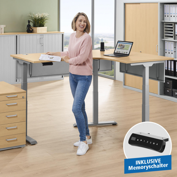 Deskin Schreibtisch FLEX MODUL, elektrisch höhenverstellbar, 60,5-125,5cm (H), 180/140x80cm (BxT), L-Form, buche / silber  Deskin