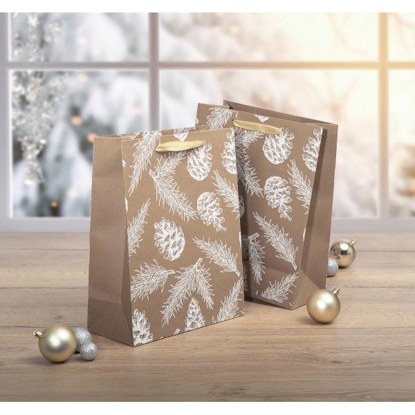 4004360777691 - Geschenktasche groß - braun weiß  - mit Bodeneinlage und farblich abgestimmten Seidenbandgriffen - Braunpapier - 26 x 33 cm 400