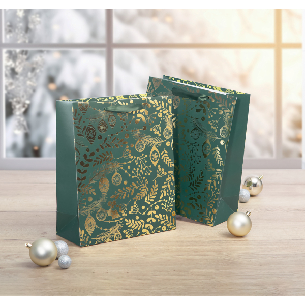 115 Stück Sigel Geschenktasche klein - grün, gold  - mit Bodeneinlage und farblich abgestimmten Seidenbandgriffen - Papier - 18 x 23 cm 40043607