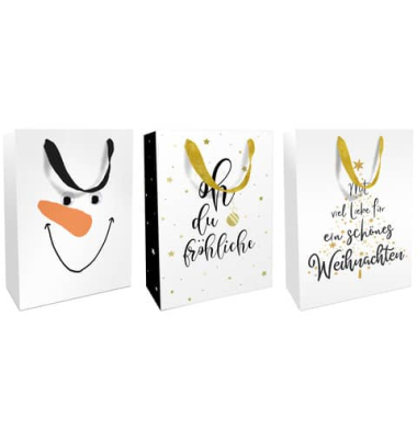 Geschenktasche 1683-24099/PBS Modern Xmas, Weihnachten, Schleifenband, 3 Motive sortiert, Schneemann, 2 Motive mit Aufschrift, 2