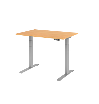 Sitz-Steh-Schreibtisch Basic, elektrisch h&ouml;henverstellbar, 64-129cm (H), 120x80cm (BxT), rechteckig, buche / silber